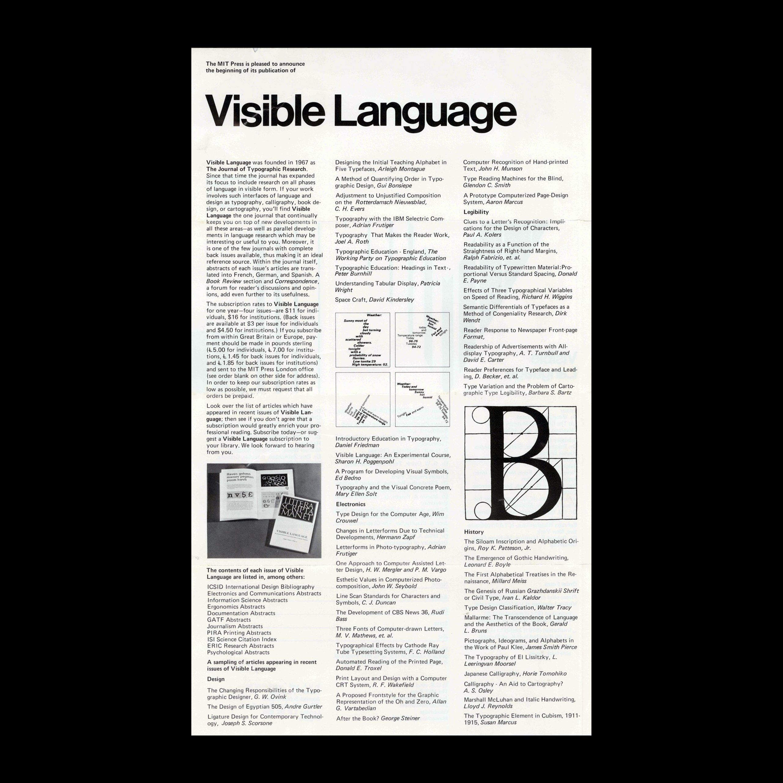 Visible Language Announcement, MIT Press, 1960s