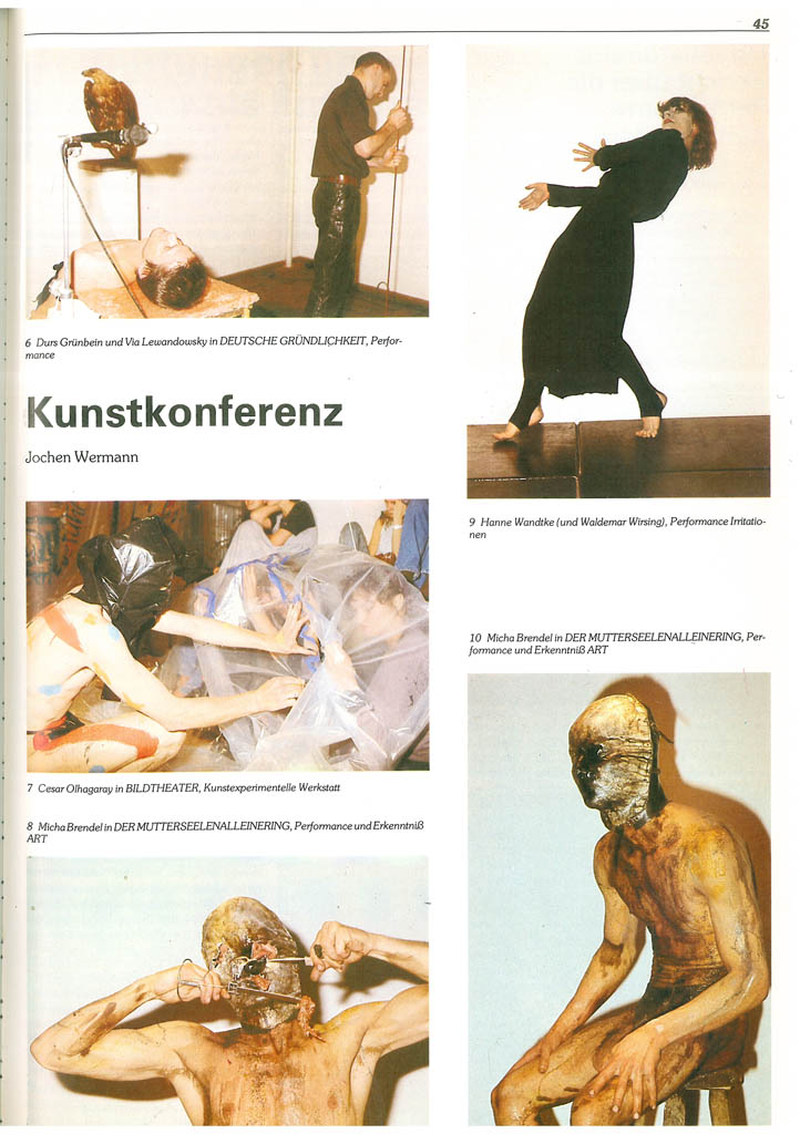 Photo spread from Bildende Kunst magazine (October 1989). Documentation of performances by various artists at the Permanent Art Conference, June 1989, East Berlin. Photographs by Jochen Wermann. Reprinted with the permission of Jochen Wermann.   1989 by Jochen Wermann.