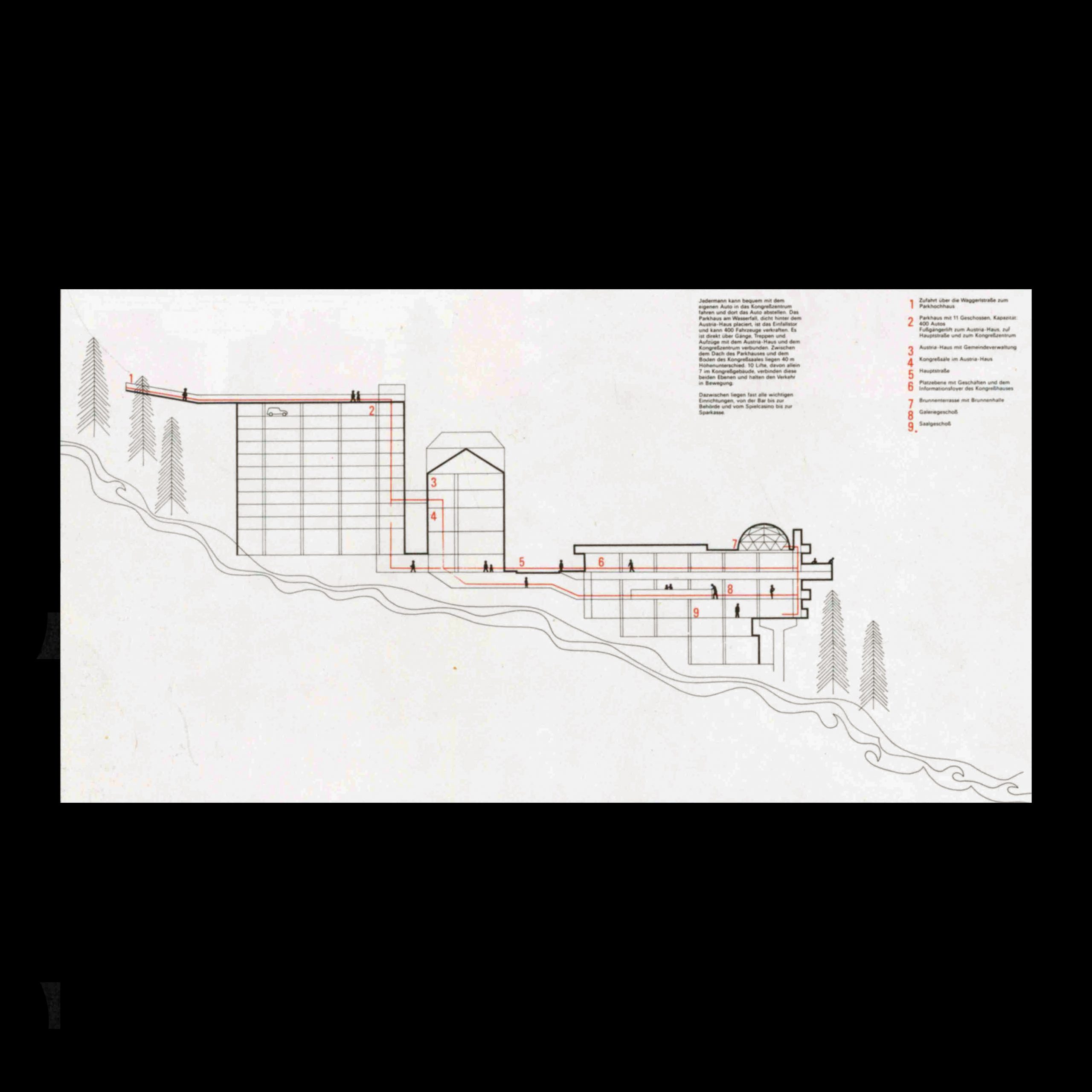 Otl Aicher - Inside of an information brochure showing a cross-section of the Resort and Convention Centre of Badgastein