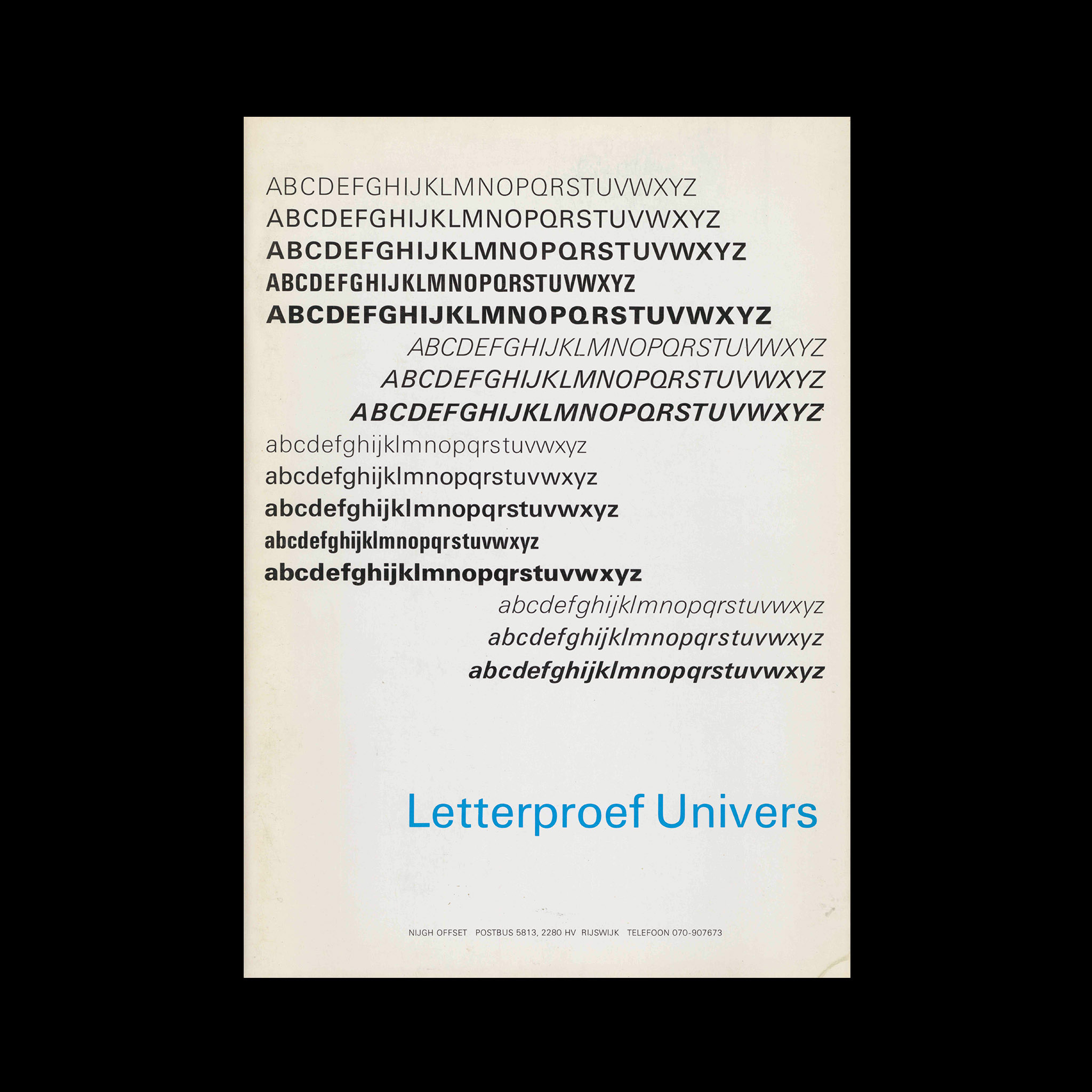 Letterproef Univers, Type specimen