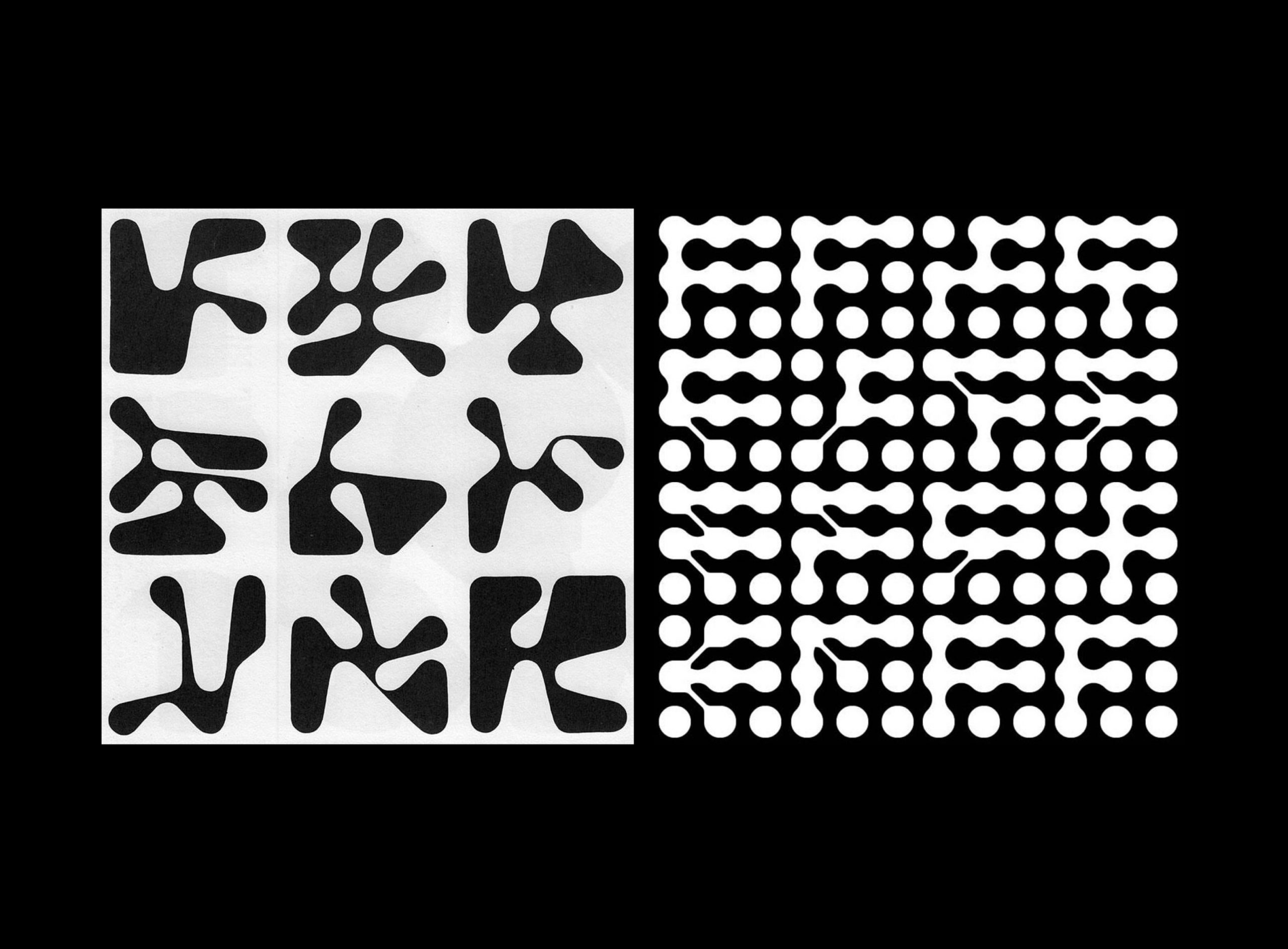 On the left: Armin Hofmann, “Ubber band” (shape generator), 1965. On the right: Nigel Cottier, Letterform Variations, 2021.