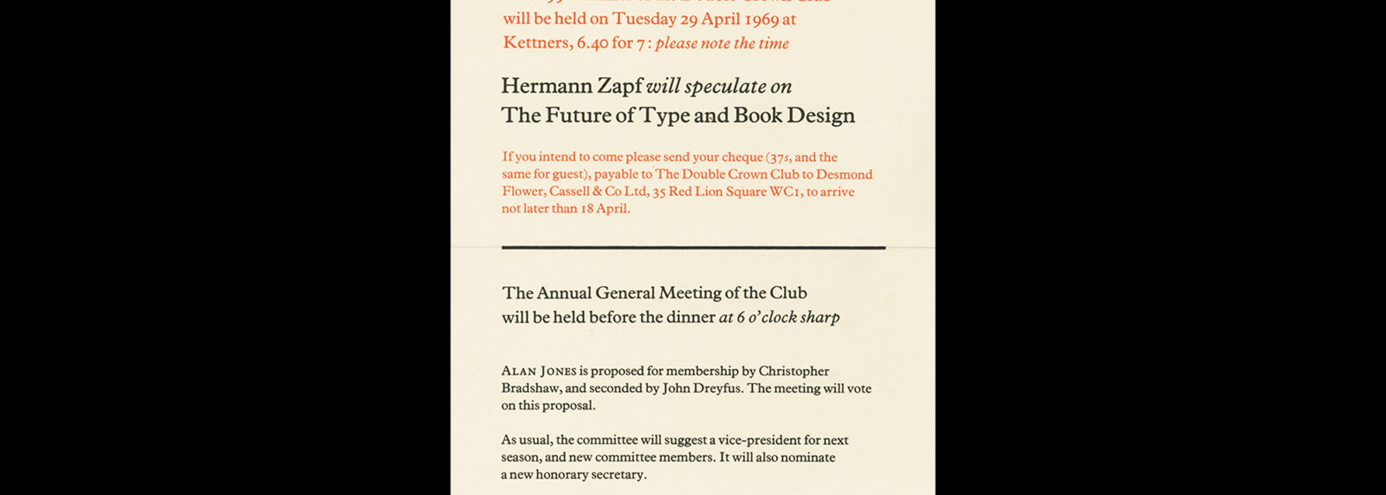 Double Crown Club Dinner Invitation Card, Hermann Zapf on the Future of Type And Book Design, 1969