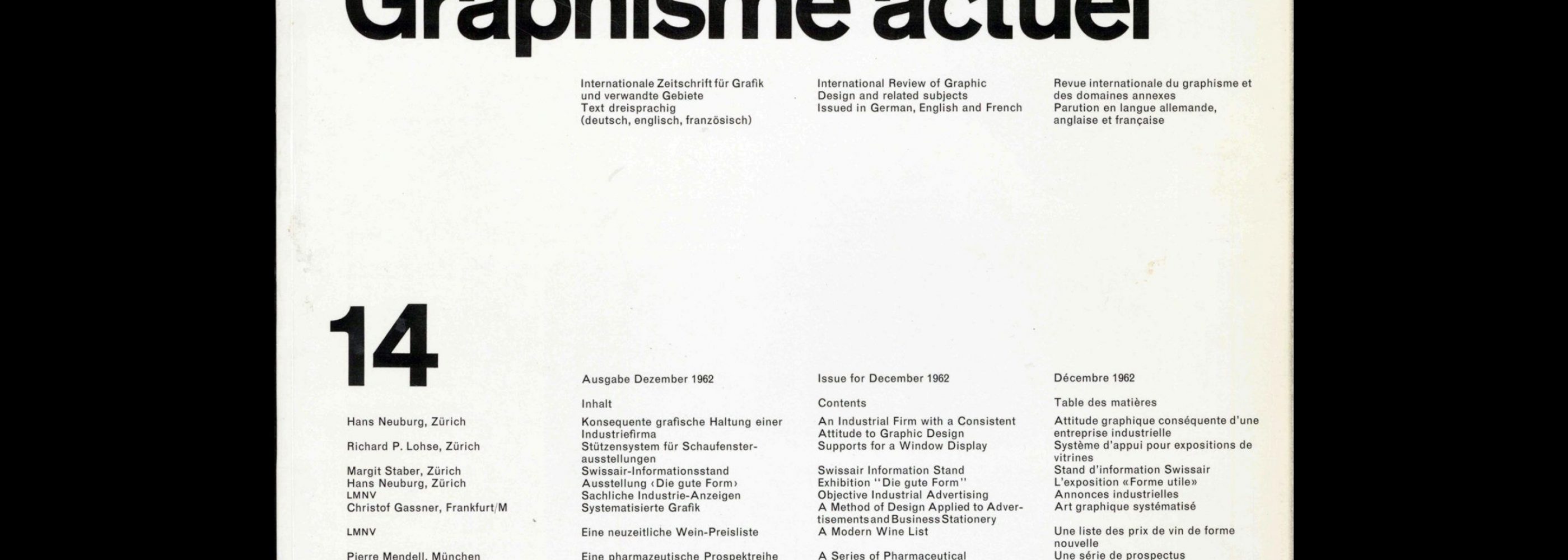 Neue Grafik / New Graphic Design / Graphisme actuel - No.14, 1962. Josef Müller-Brockmann, Hans Neuburg, Richard Paul Lohse, and Carlo Vivarelli