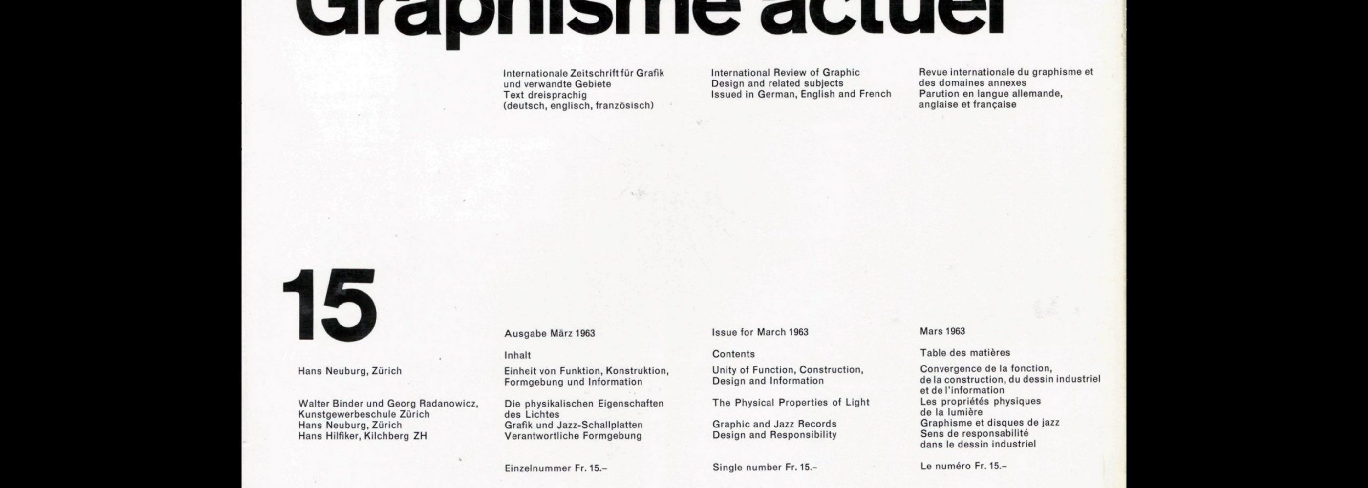 Neue Grafik / New Graphic Design / Graphisme actuel - No.15, 1963. Josef Müller-Brockmann, Hans Neuburg, Richard Paul Lohse, and Carlo Vivarelli