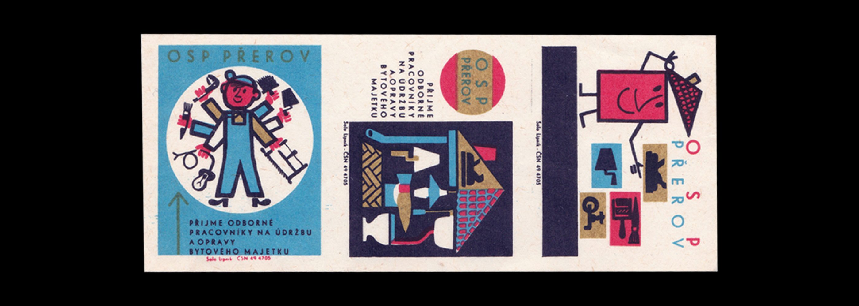 We hire professional workers for healthy housing, Czechoslovakian 1960s Matchbox labels